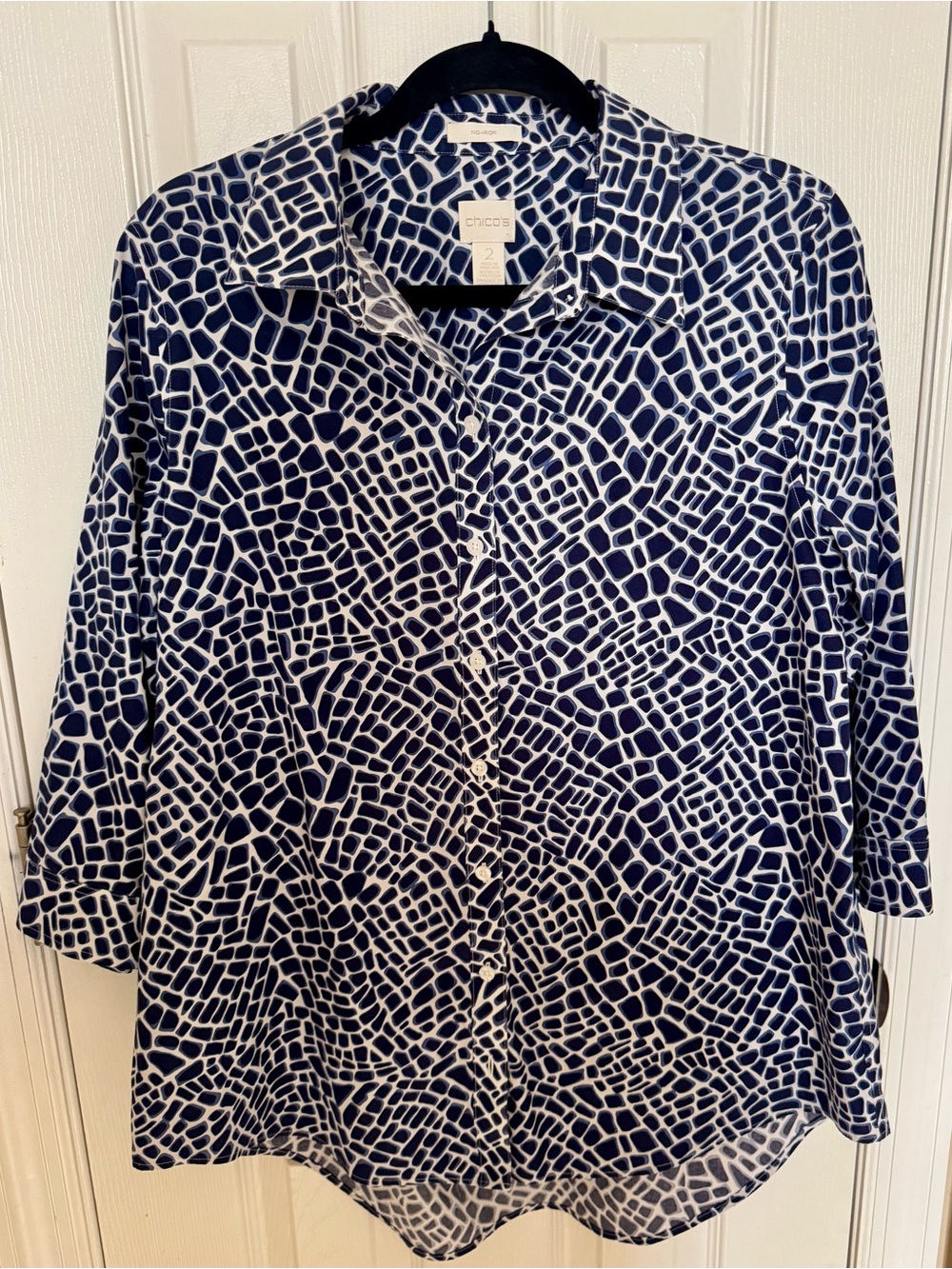 Chico's Navy White Mosaic Tile Patterned Button-Front Women's Top